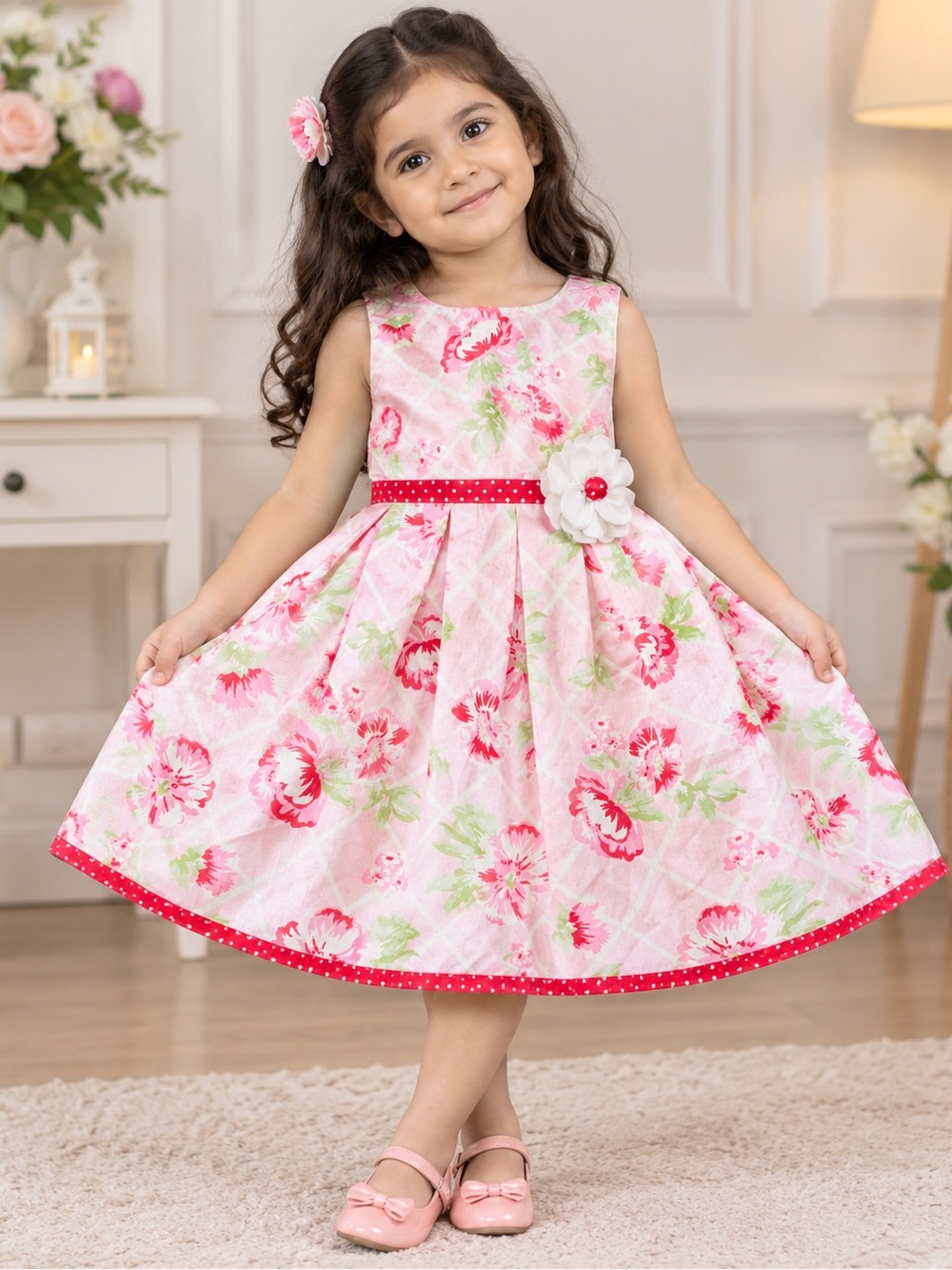 Jona Michelle Pink Floral Sleeveless Dress with Red Polka Dot Trim